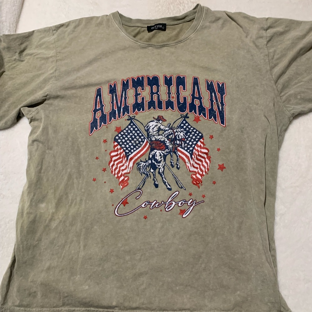SZ L Mens Zutter Americana Cowboy Graphic Tee in Beige.Flags Bronchos Western